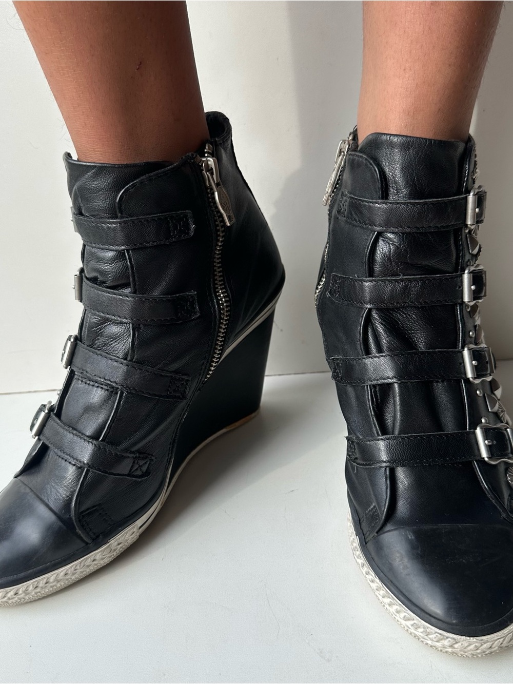 ASH Vintage Black Studded Wedge Sneaker Boots Leather Buckle Zip EU 39 - Picture 3 of 15